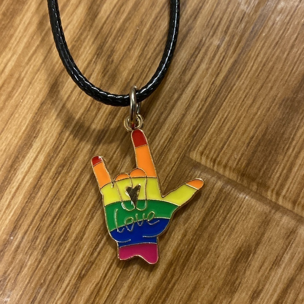 Rainbow "I Love You" Hand Symbol Enamel Pendant Necklace Pride Flag LGBTQ Unisex